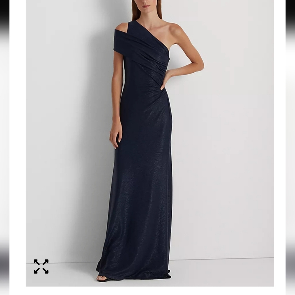 NWT RALPH LAUREN BLACK LABEL Metallic  Navy One-Shoulder Dress